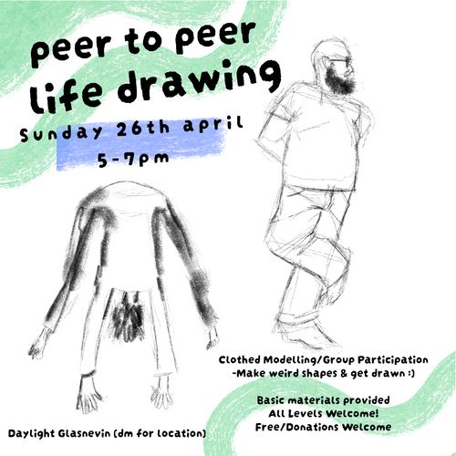 Poster featuring 2 drawn figures, a bearded man standing in a relaxed pencil style and a person with hands and feet on the floor